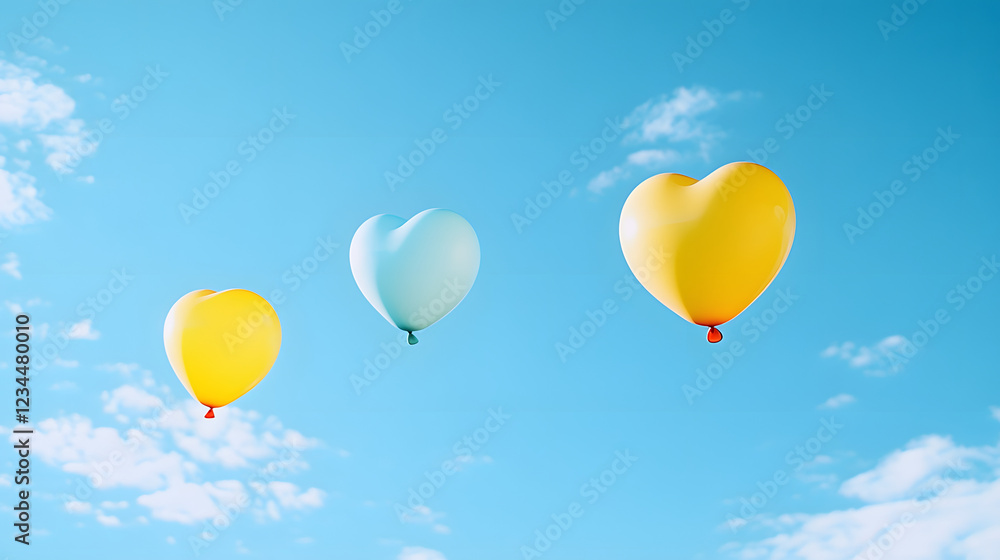 Naklejka premium Heart-shaped balloons floating in the sky, vibrant colors, perfect for Valentine's Day celebrations