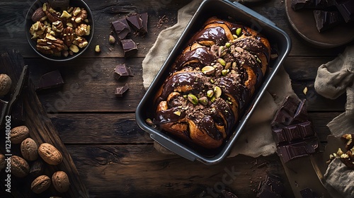 A warm-toned composition featuring a chocolate pistachio babka in a baking pan on a rustic wooden table, with scattered nuts and chocolate pieces adding depth to the scene photo