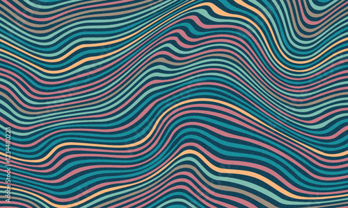 Retro groovy background. Abstract colourful and textured wavy shapes design. Beautiful Vector color gradient background with noise and wavy lines. Abstract minimal grainy gradient banner background