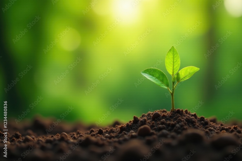 Naklejka premium A vibrant young sprout emerges from fertile earth, bathed in the warm glow of sunlight, symbolizing growth, renewal, and the promise of a flourishing future.