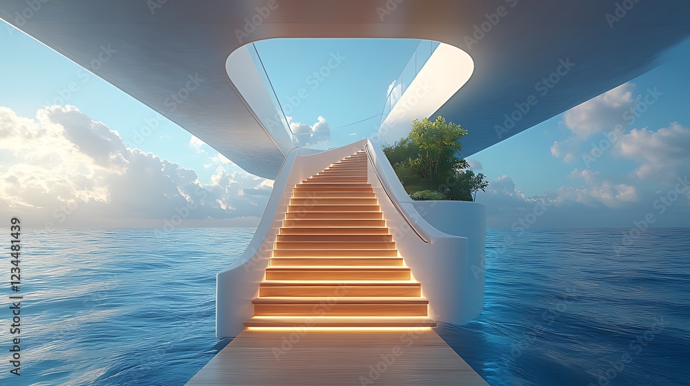 Fototapeta premium Illuminated wooden staircase on a luxury yacht, leading to an open-air deck with ocean views.