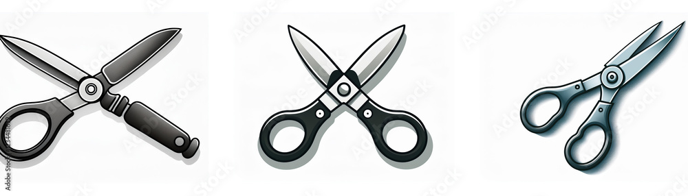 Three different styles of scissors, depicted as icons. Kitchen utensils are included. Three different styles of scissors, depicted as icons. Kitchen utensils are included.