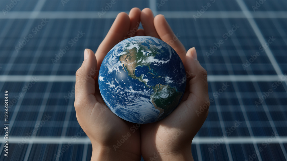 Hands support Earth as solar panels reflect renewable energy ideals in minimalist setting Hands support Earth as solar panels reflect renewable energy ideals in minimalist setting
