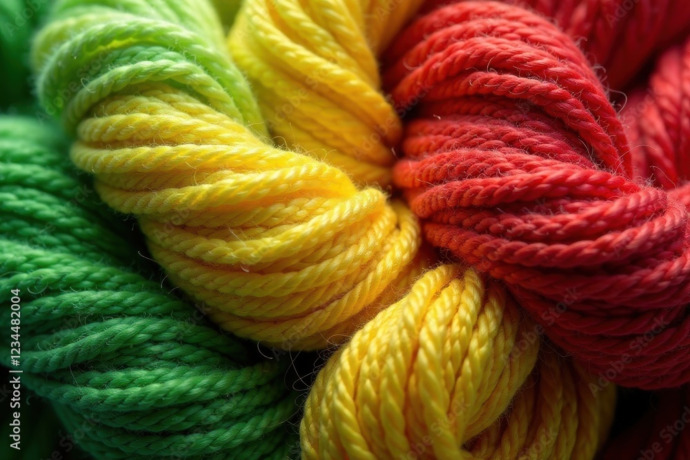 Red and yellow colored woolen threads intertwined with green accents on a natural background, knit, texture, green Red and yellow colored woolen threads intertwined with green accents on a natural background, knit, texture, green
