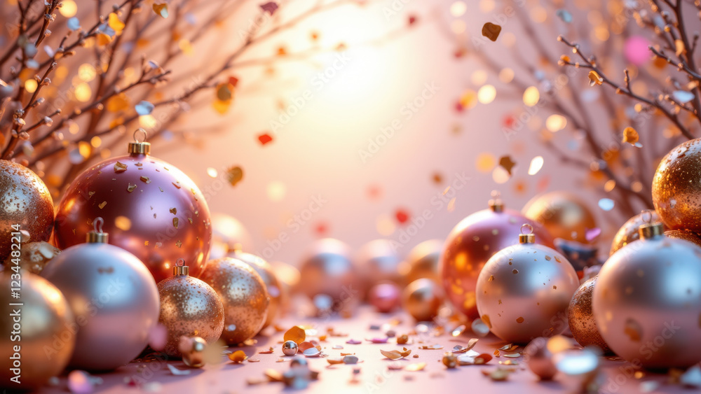 Fototapeta premium Festive scene with a path lined by Christmas ornaments, leading to warm light at end.