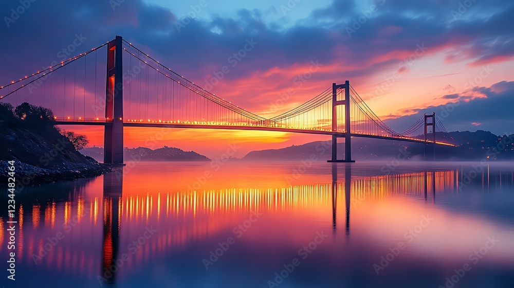 Obraz premium Vibrant sunset over a suspension bridge reflecting on calm water.