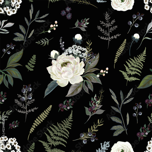 Blooming vector midsummer rose forest fern seamless pattern