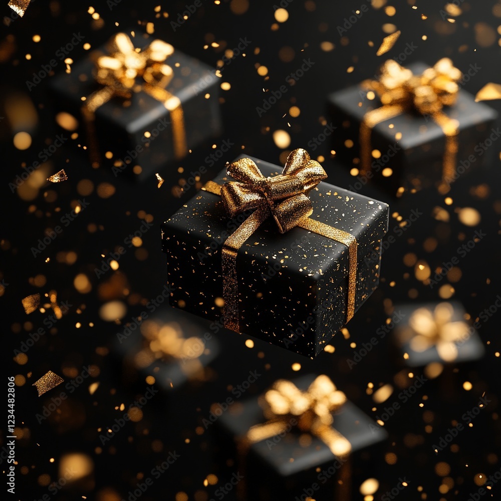 Black gift boxes with gold ribbons floating in a dark background with sparkling lights. Perfect for holiday or luxury themes. Black gift boxes with gold ribbons floating in a dark background with sparkling lights. Perfect for holiday or luxury themes.