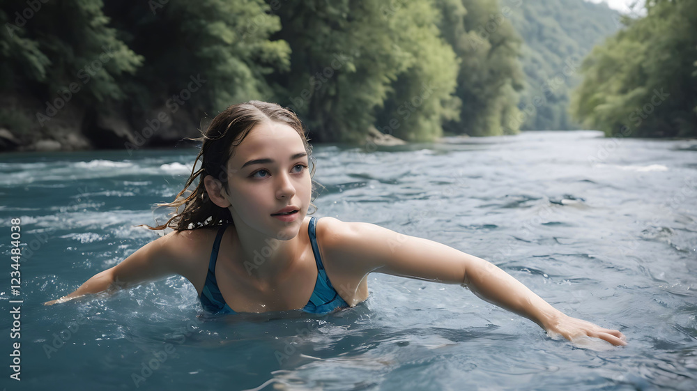 Fototapeta premium Young Woman swimming and enjoying in a river with beautiful nature