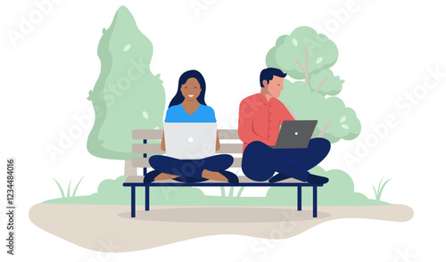 Working on laptops outdoors - Man and woman couple sitting on park bench with crossed legs smiling and doing remote work online together. Flat design vector illustration on white background