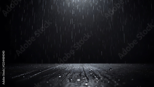 Rain falling to wooden surface at dark night ,with monochromatic scene