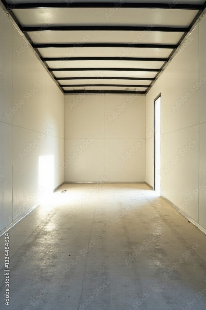 Empty interior of a blank, white walled cargo trailer with a slightly dirty floor and natural light illuminating the space Empty interior of a blank, white walled cargo trailer with a slightly dirty floor and natural light illuminating the space