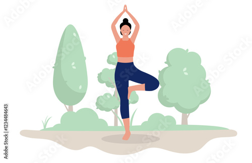 Woman doing yoga outdoors - Person standing in yoga pose smiling and enjoying leisure activity in park or forest nature. Flat design vector illustration on white background