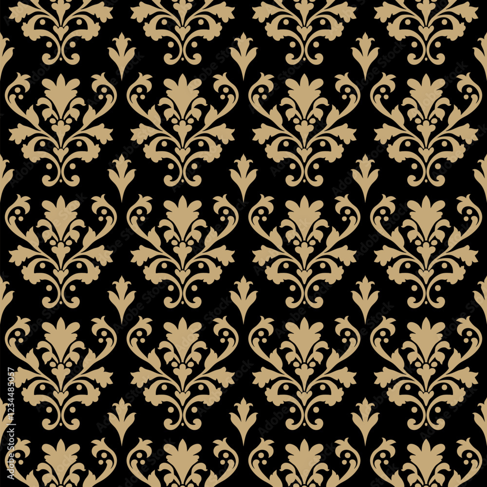 Elegant gold and black baroque seamless pattern. Abstract floral geometric ornament with curly elements, foliage. Vector background in rococo, revival, renaissance, damask style. Luxury gold design Elegant gold and black baroque seamless pattern. Abstract floral geometric ornament with curly elements, foliage. Vector background in rococo, revival, renaissance, damask style. Luxury gold design