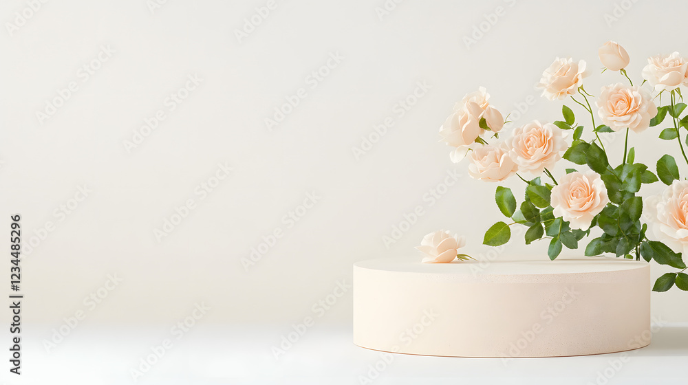 podium and pink roses on a white background podium and pink roses on a white background