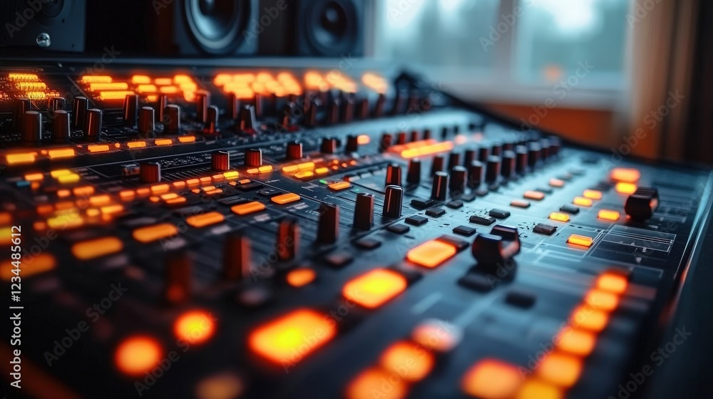 Fototapeta premium Close-Up of a Mixing Console with Bright Orange Indicators and Buttons in a Modern Recording Studio Setting