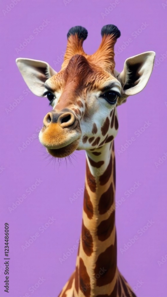 Fototapeta premium Funny giraffe in clothes, wearing a hat on a purple background. Modern design. Sale, advertising, discounts, special offers. Business concept. A creative fashion banner that copies the space.