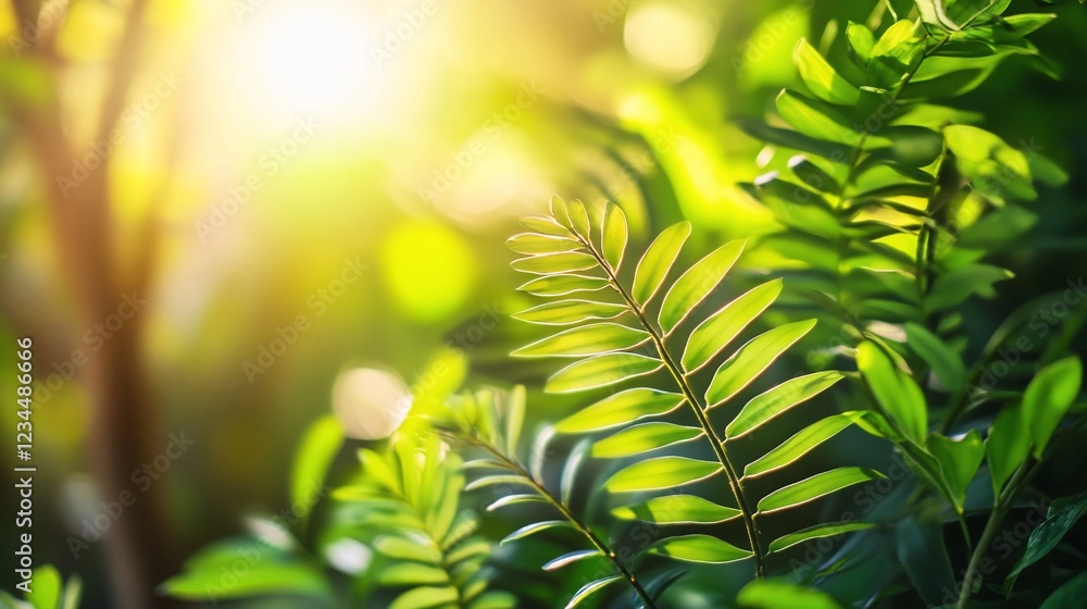 Fototapeta premium Sunlight filtering through lush green foliage creating a peaceful natural scene