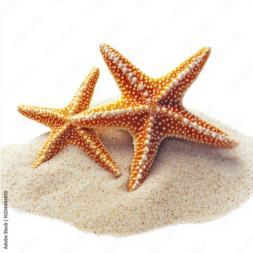 Two Vibrant Starfish on Sandy Shore with Textured Shells and Colorful Spines, Coastal Marine Life in Natural Habitat Two Vibrant Starfish on Sandy Shore with Textured Shells and Colorful Spines, Coastal Marine Life in Natural Habitat