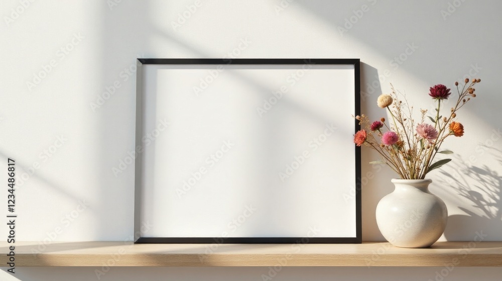 A Blank Frame and Dried Flowers on a Light Wooden Shelf in a Sunlit Room A Blank Frame and Dried Flowers on a Light Wooden Shelf in a Sunlit Room
