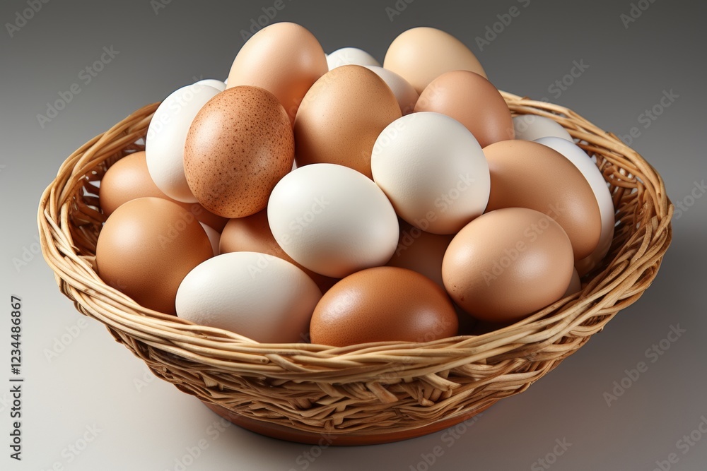 Close-up of a wicker basket filled with fresh chicken eggs on a clean white table Close-up of a wicker basket filled with fresh chicken eggs on a clean white table