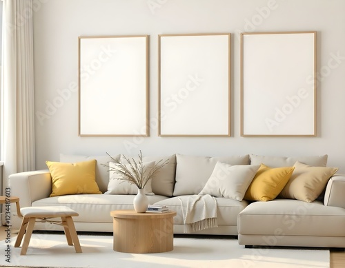 This is a modern living room with a light-colored sofa adorned with yellow cushions. In front of the sofa is a wooden coffee table with a decorative vase containing dried flowers.