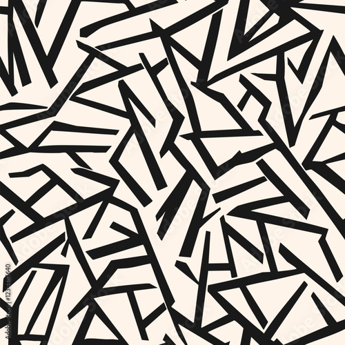 Abstract black and white seamless pattern. Urban art texture with chaotic shapes, lines, patches. Sport graffiti style vector background. Repeat funky grunge sporty geo design. All-over pattern