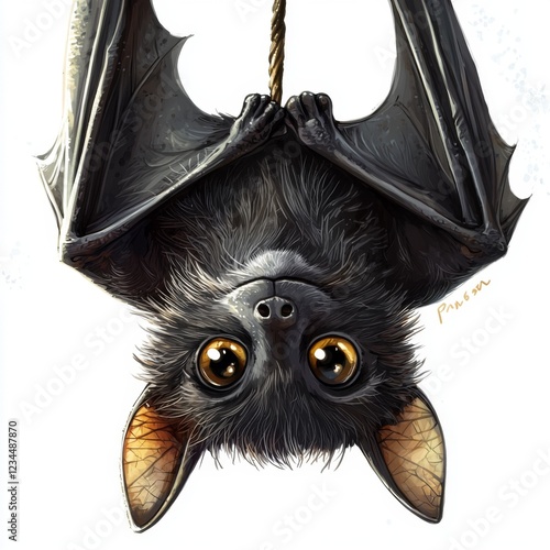 Cute cartoon bat hanging upside down with big eyes and fluffy fur, perfect for children's illustrations and Halloween themes