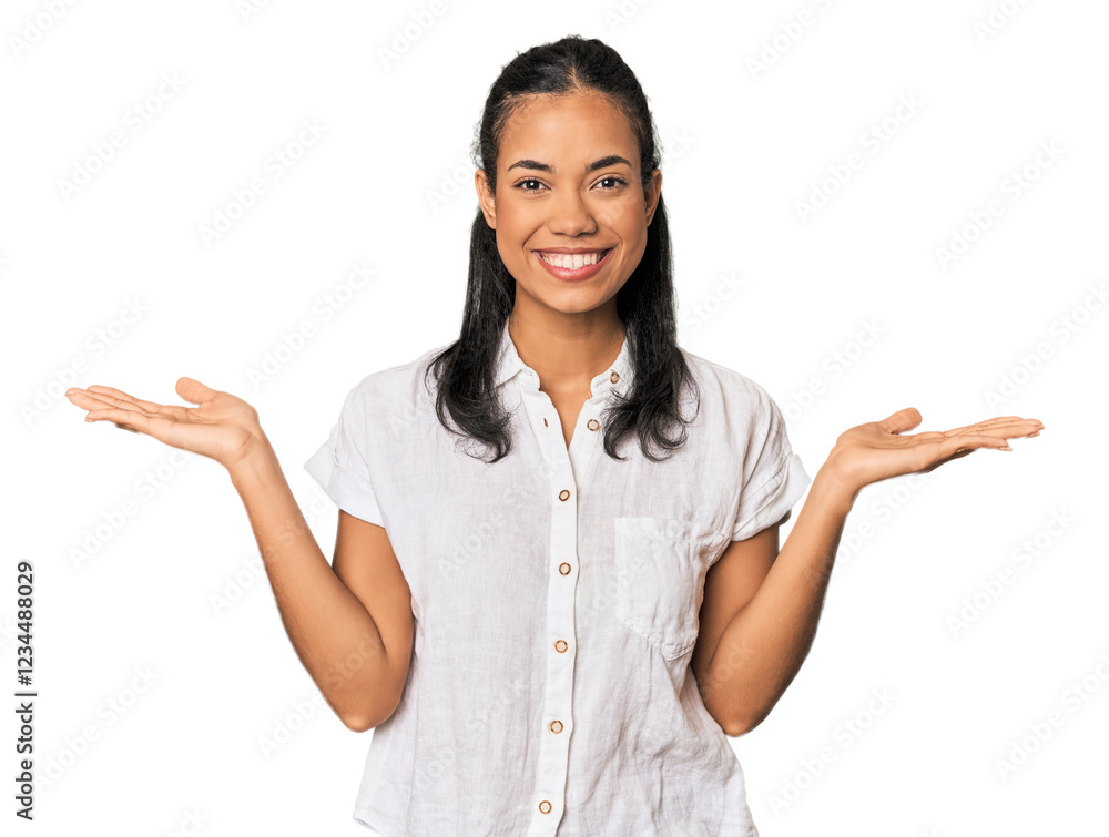Young Filipina woman makes scale with arms, feels happy and confident. Young Filipina woman makes scale with arms, feels happy and confident.