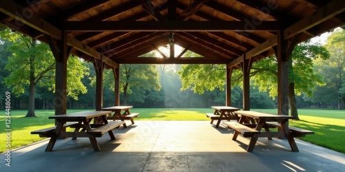 Wallpaper Mural Serene park pavilion with picnic tables bathed in morning sunlight, offering a tranquil escape amidst lush greenery. Torontodigital.ca