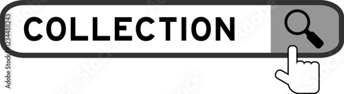 Search banner in word collection with hand over magnifier icon on white background