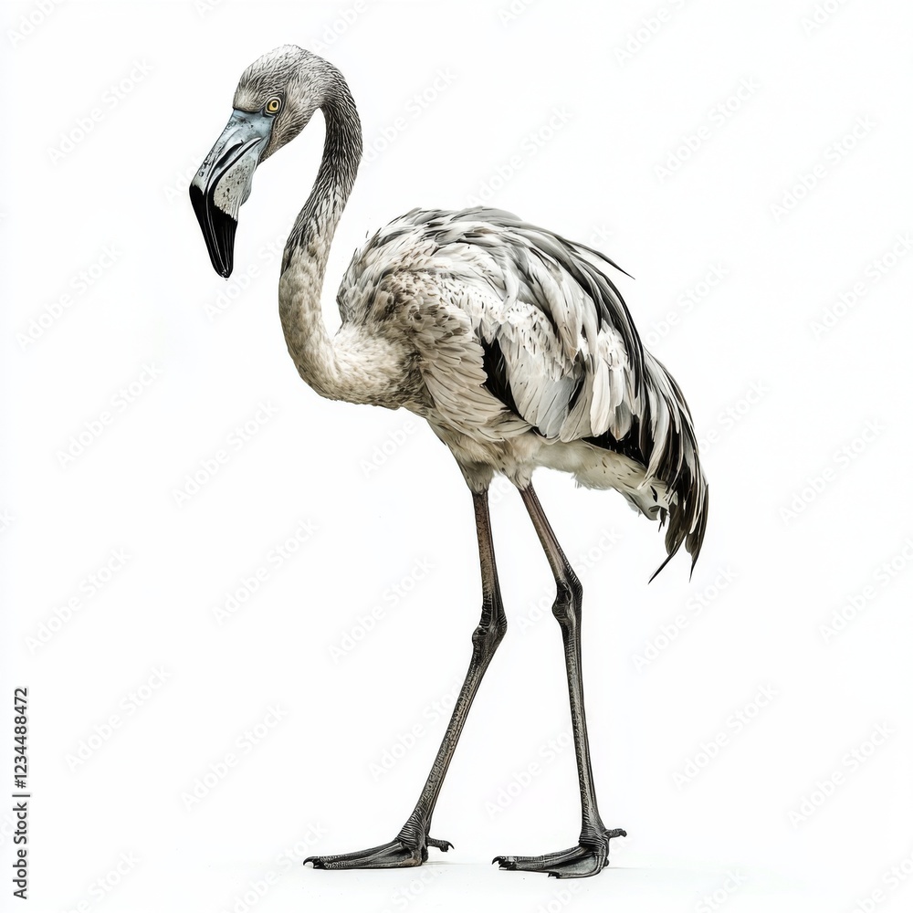 Obraz premium Elegant Young Flamingo Walking Gracefully on a White Background with Highlighted Features and Unique Color Patterns