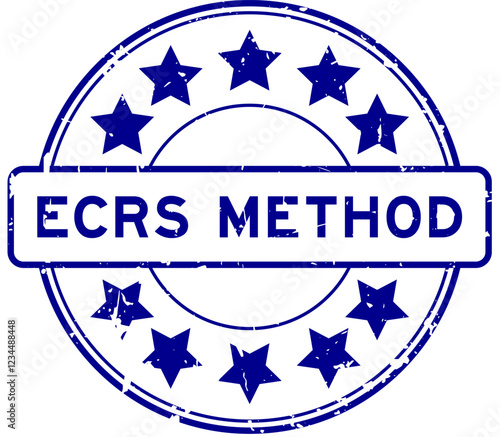 Grunge blue ECRS (Abbreviation of Eliminate, Combine, Rearrange, and Simplify) word with star icon round rubber seal stamp on white background
