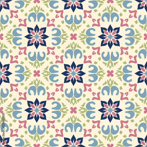 Vector seamless pattern in ethnic folk style. Abstract floral geometric ornament with indian, mughal, oriental, indonesian, asian, mexican motifs. Colorful background texture. Repeat tiles geo design