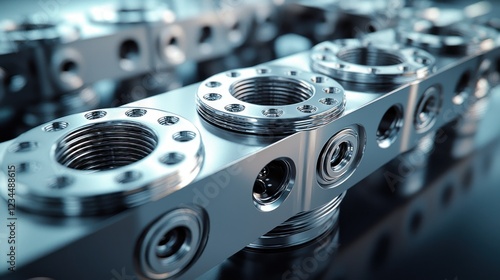 Metal hydraulic block manifold close-up on reflective surface photo