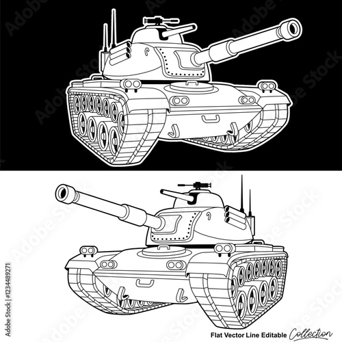 Black and white military battle tank, flat vector illustration