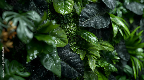 Lush green wall, indoor plants, water droplets, natural background, home decor