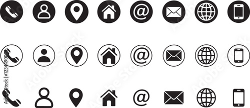 Contact icon set. Business icon for company connection set in different style. Contact symbols: name, phone, home, location, mail, website, and message card sign. vector illustration