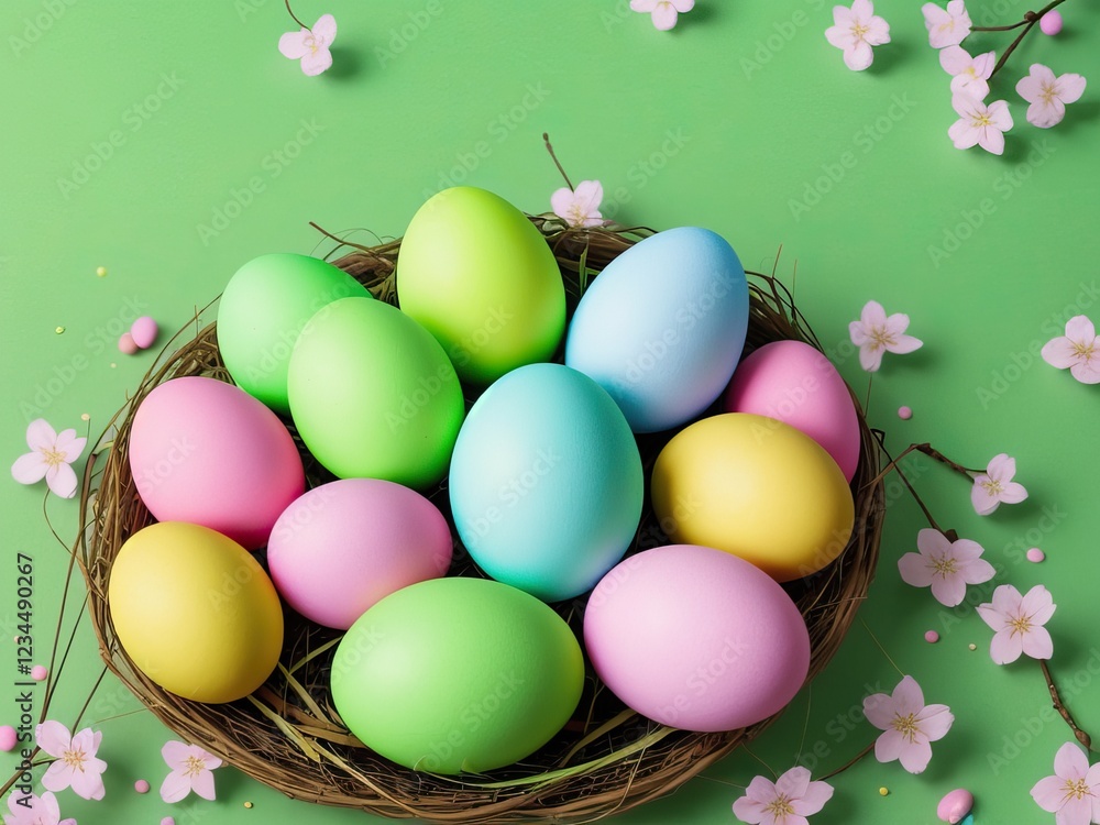 Colorful Easter eggs in nest, green background, cherry blossoms, festive mood Colorful Easter eggs in nest, green background, cherry blossoms, festive mood
