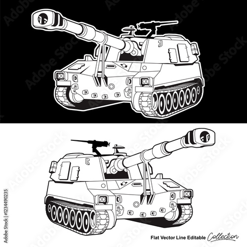 Black and white military battle tank, flat vector illustration