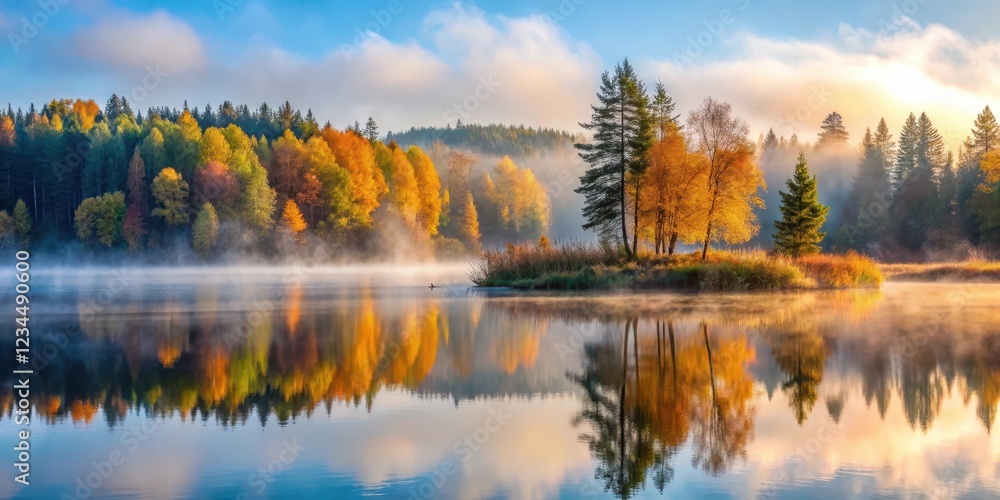 Obraz premium Misty dawn over a serene lake surrounded by autumn forest, with fog rolling in and wild trees swaying gently in the morning breeze , nature, tranquility
