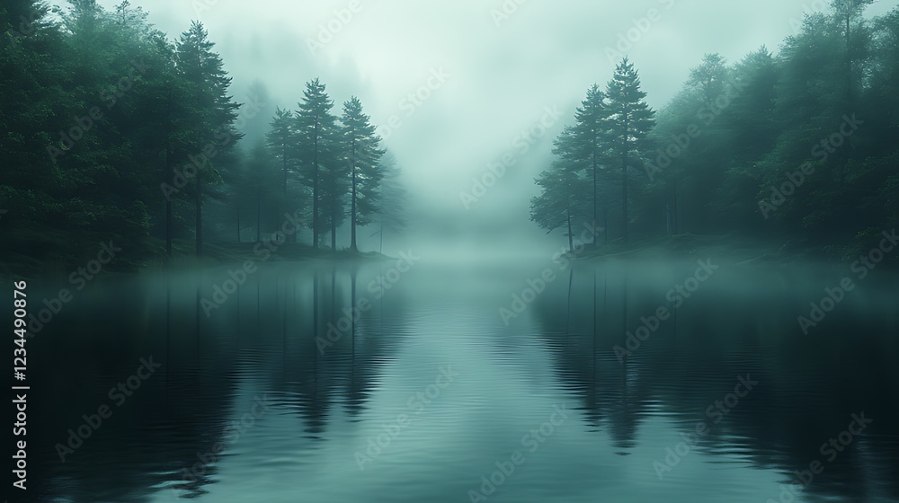 Misty lake reflecting trees in a serene forest. Misty lake reflecting trees in a serene forest.