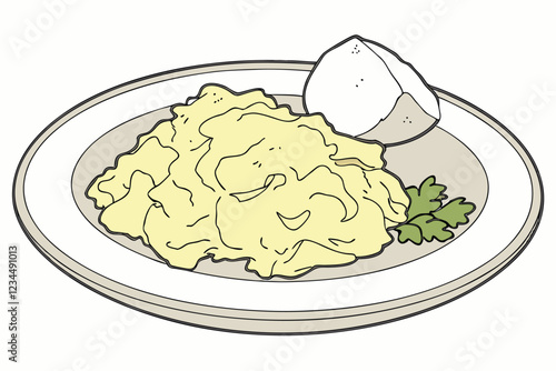 Creamy scrambled eggs, white ceramic plate, soft yellow texture, simple background, close-up food photography, natural lighting, minimalist composition, comfort food, breakfast dish, smooth consist