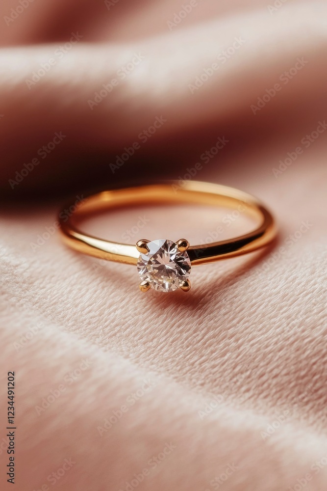 Gold Band Diamond Ring On Soft Pink Fabric Gold Band Diamond Ring On Soft Pink Fabric