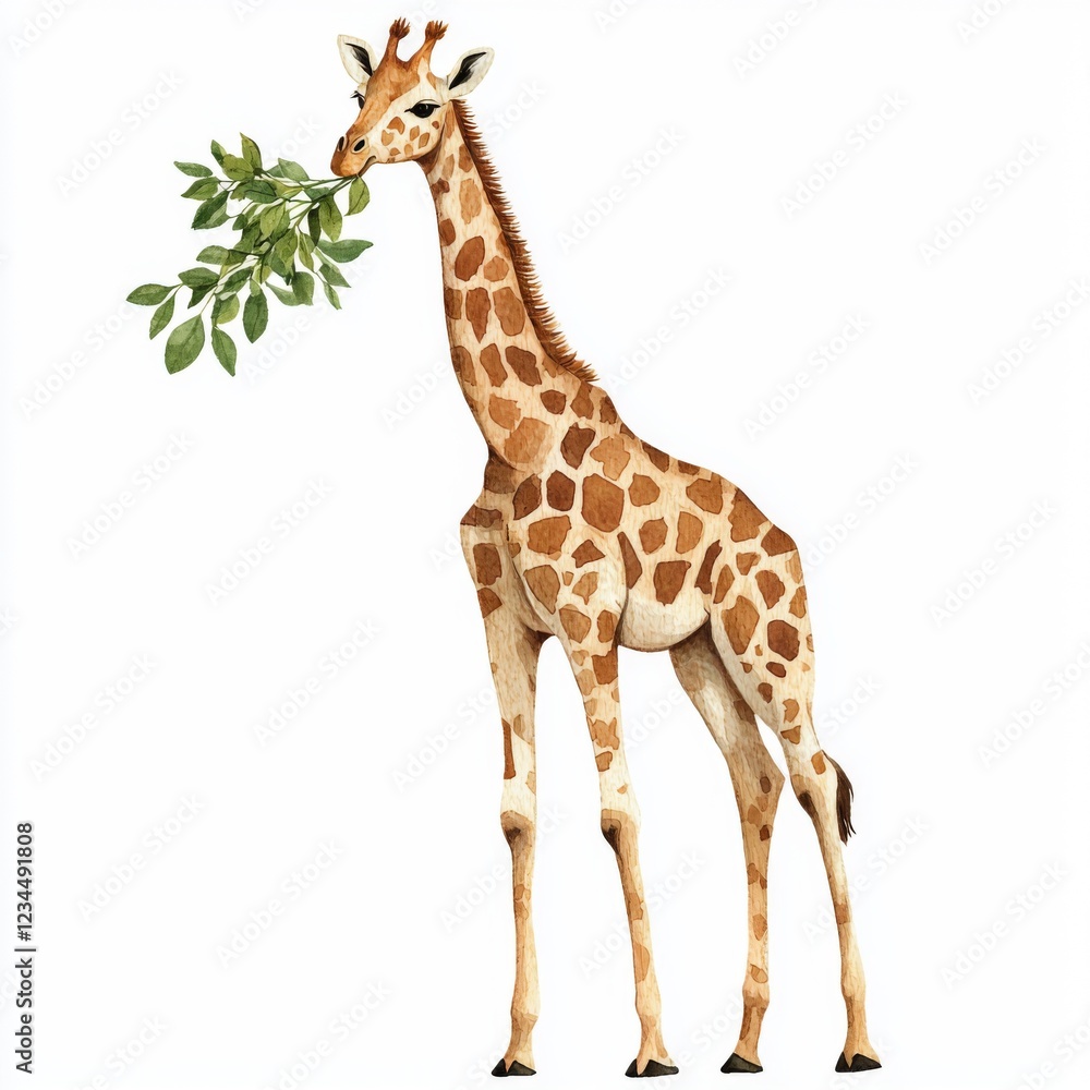 Naklejka premium Elegant Giraffe Chewing Leaves Under Bright Sky in Vibrant Watercolor Style Art