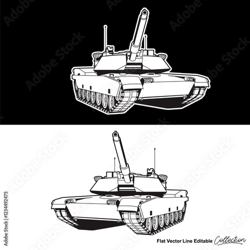 Black and white army battle tank, flat vector illustration
