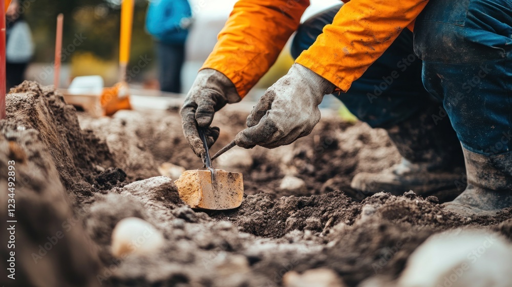 Fototapeta premium Archaeologist excavating artifact, urban dig site, teamwork background, historical research