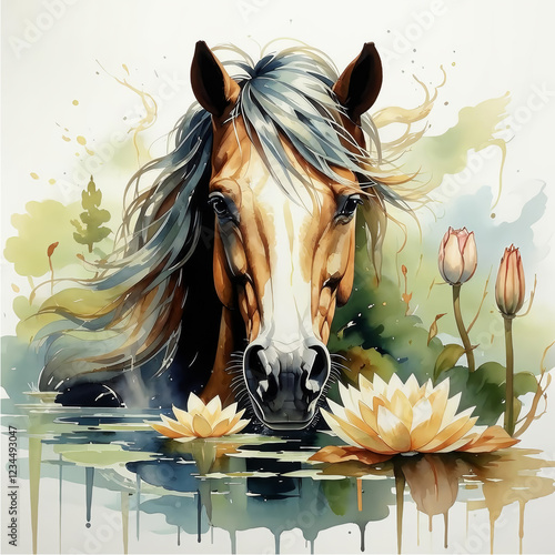 a horse with beautiful lush flowers. a fast domestic steed. the symbol of the 2026 new year. artificial intelligence generator, AI, watercolor image of a neural network. background for the design. photo