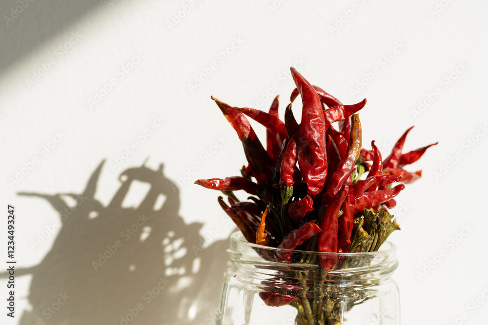 Obraz premium Dried Red Chili Peppers in Glass Jar. A bunch of dried red chili peppers arranged in a glass jar, casting a sharp shadow on a white wall in natural light.
