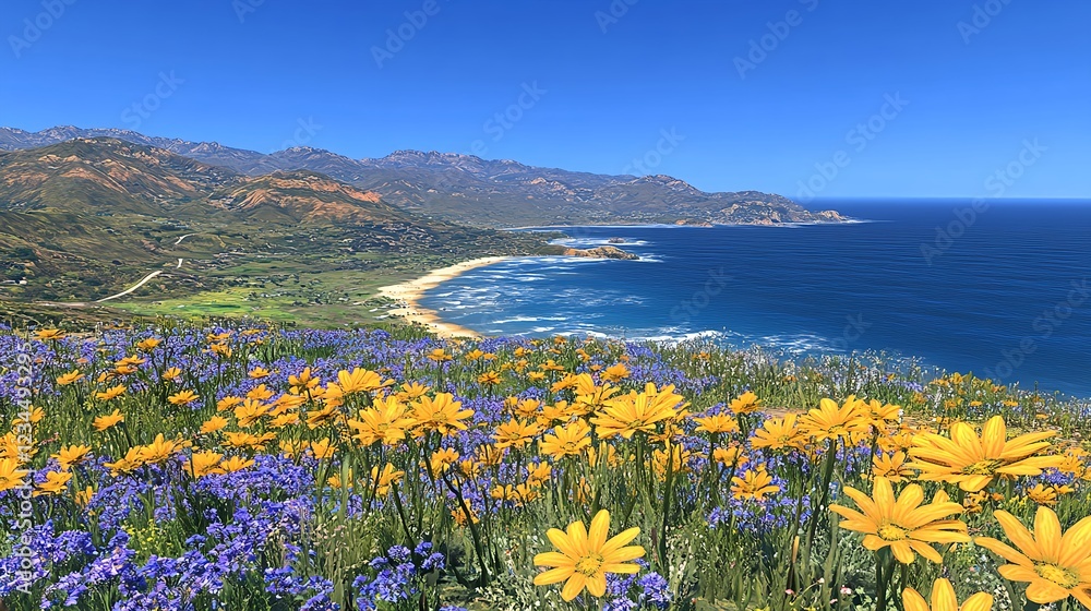 Fototapeta premium Scenic Coastal Path with Colorful Wildflowers in High Resolution